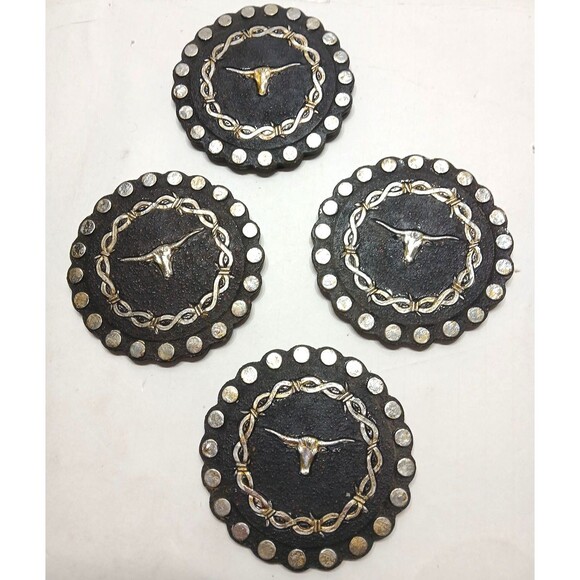 Western Set of 4 Coasters Longhorn Barbed Wire Belt Look Holder Leather Look - Picture 2 of 11